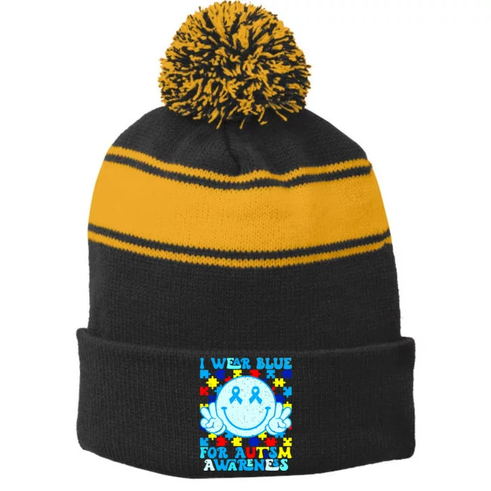 I Wear Blue For Autism Awareness Month Autism Stripe Pom Pom Beanie