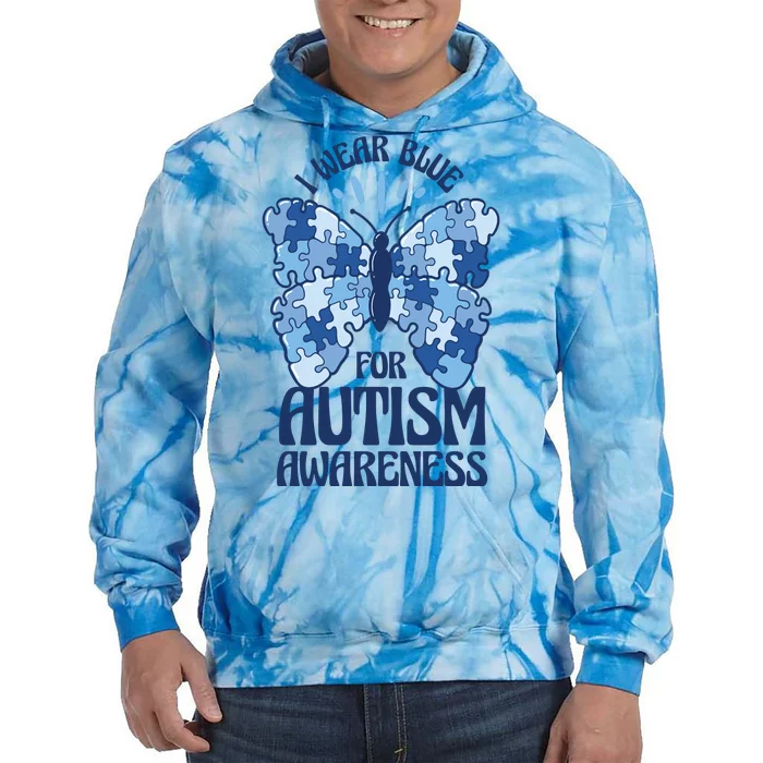 I Wear Blue For Autism Awareness Butterfly Tie Dye Hoodie