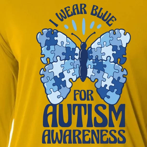 I Wear Blue For Autism Awareness Butterfly Cooling Performance Long Sleeve Crew