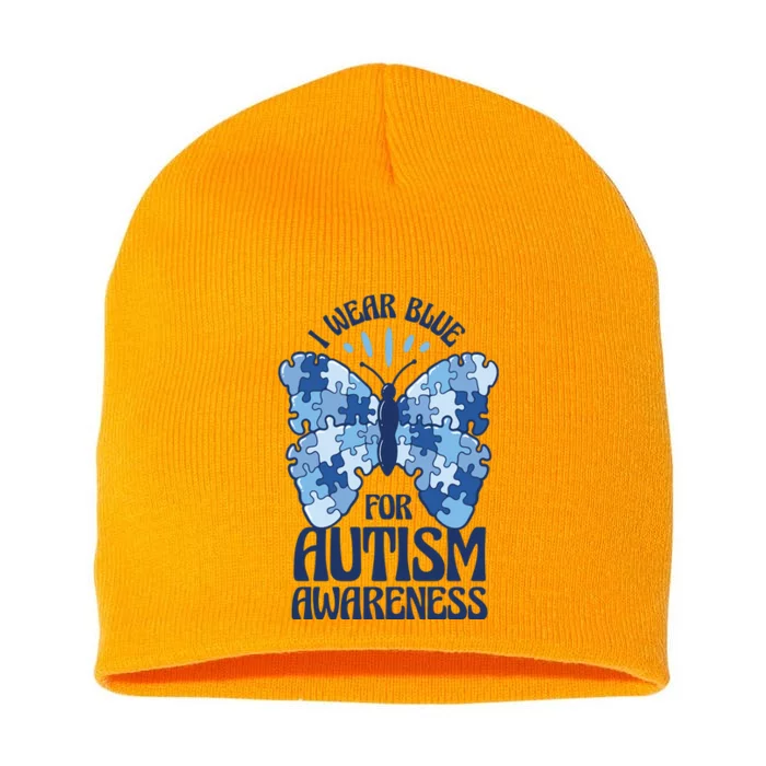 I Wear Blue For Autism Awareness Butterfly Short Acrylic Beanie