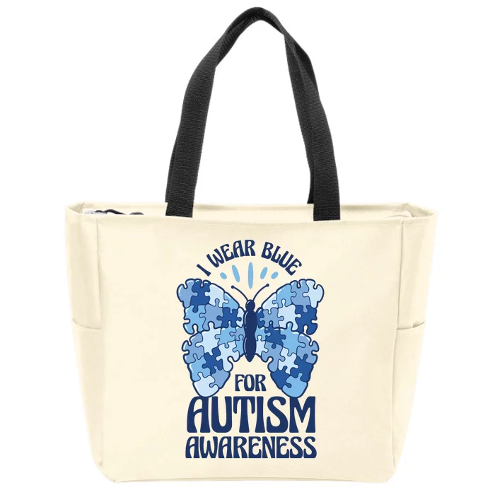 I Wear Blue For Autism Awareness Butterfly Zip Tote Bag