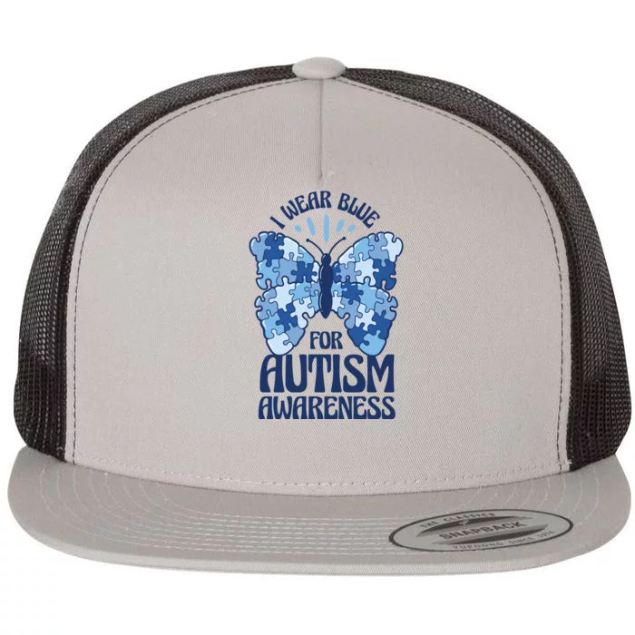 I Wear Blue For Autism Awareness Butterfly Flat Bill Trucker Hat