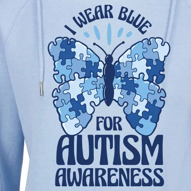 I Wear Blue For Autism Awareness Butterfly Womens Funnel Neck Pullover Hood