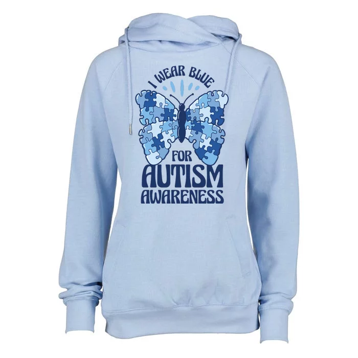 I Wear Blue For Autism Awareness Butterfly Womens Funnel Neck Pullover Hood