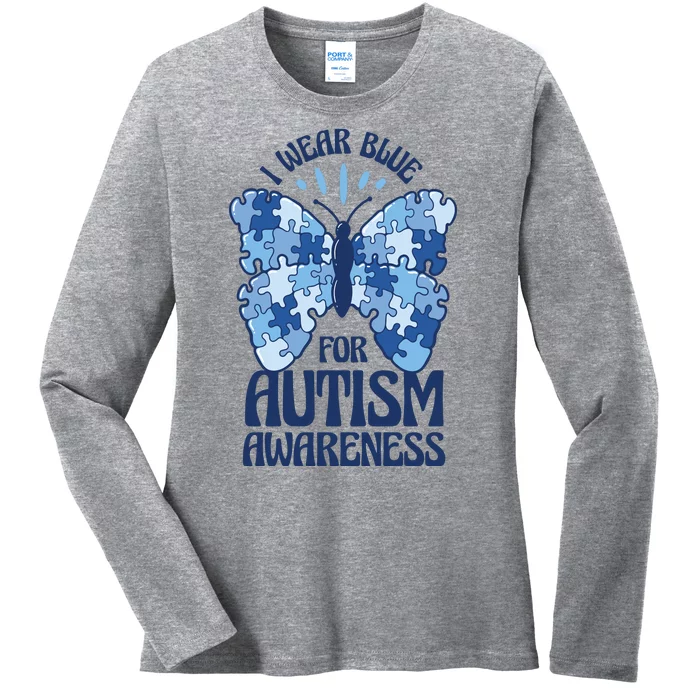 I Wear Blue For Autism Awareness Butterfly Ladies Long Sleeve Shirt