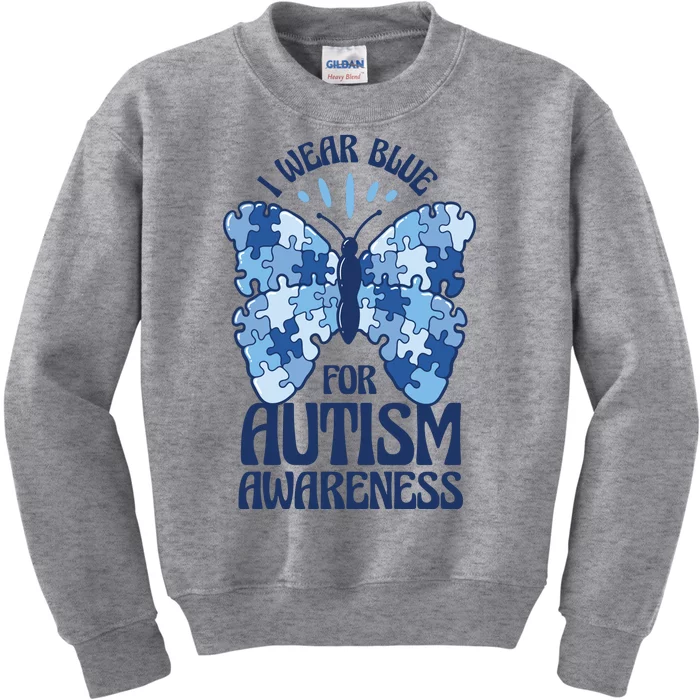 I Wear Blue For Autism Awareness Butterfly Kids Sweatshirt