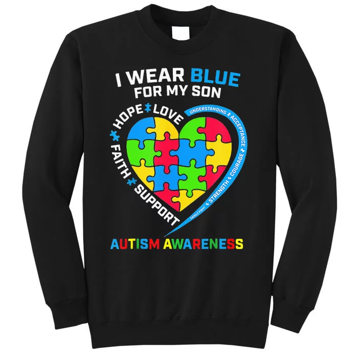 I Wear Blue for My Son Autism Awareness Mom Dad Heart Puzzle Tall Sweatshirt