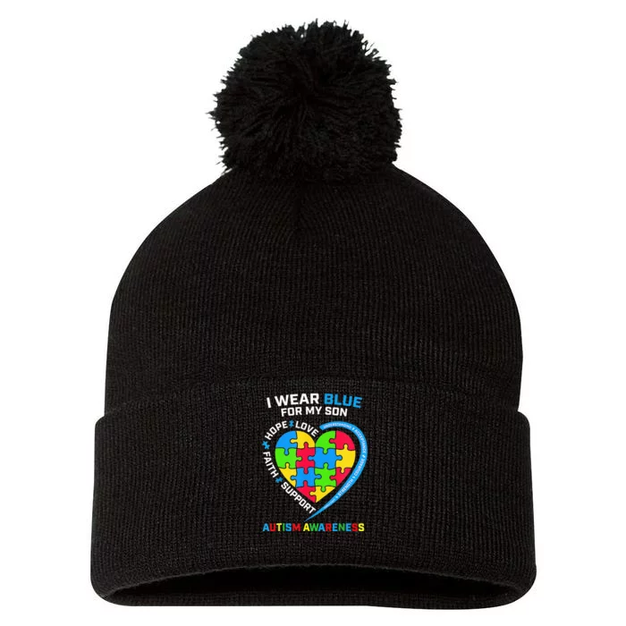 I Wear Blue for My Son Autism Awareness Mom Dad Heart Puzzle Pom Pom 12in Knit Beanie