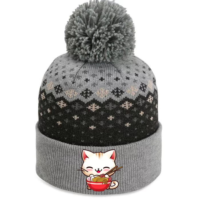 Kawaii Cat Eats Japanese Ramen, Daddy Mommy Boy Girl Funny The Baniff Cuffed Pom Beanie