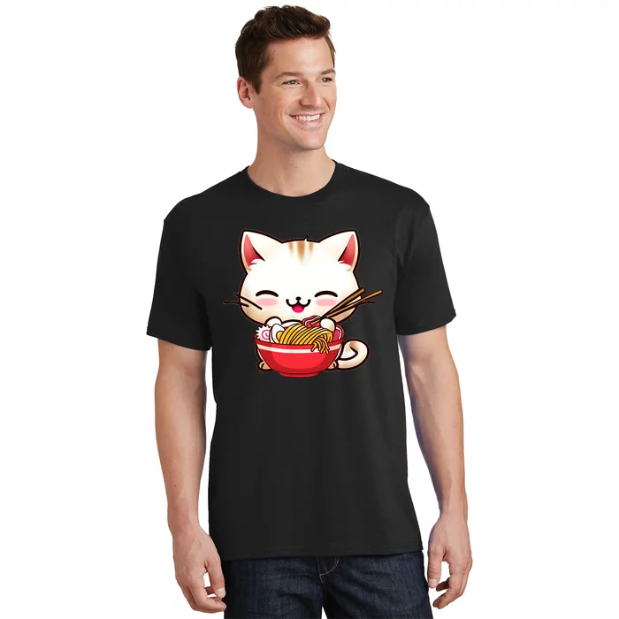 Kawaii Cat Eats Japanese Ramen, Daddy Mommy Boy Girl Funny T-Shirt