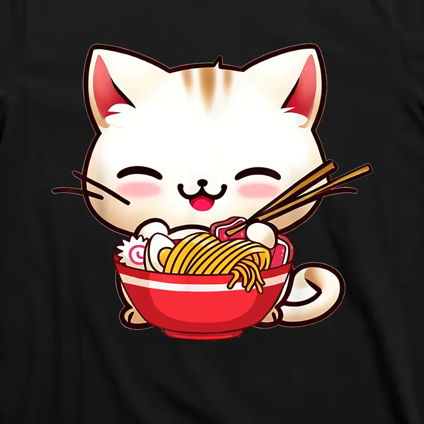 Kawaii Cat Eats Japanese Ramen, Daddy Mommy Boy Girl Funny T-Shirt