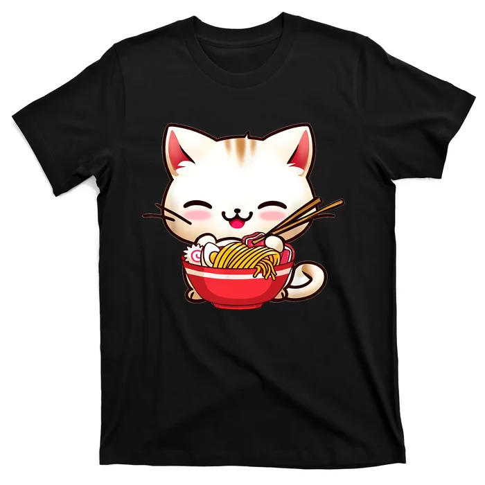 Kawaii Cat Eats Japanese Ramen, Daddy Mommy Boy Girl Funny T-Shirt