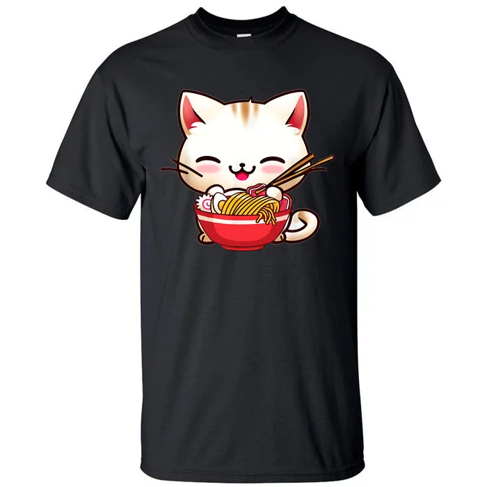 Kawaii Cat Eats Japanese Ramen, Daddy Mommy Boy Girl Funny Tall T-Shirt