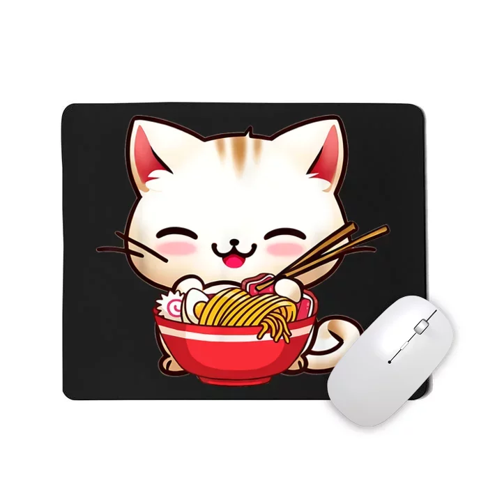 Kawaii Cat Eats Japanese Ramen, Daddy Mommy Boy Girl Funny Mousepad