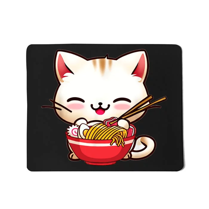 Kawaii Cat Eats Japanese Ramen, Daddy Mommy Boy Girl Funny Mousepad