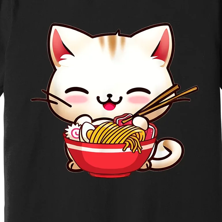 Kawaii Cat Eats Japanese Ramen, Daddy Mommy Boy Girl Funny Premium T-Shirt