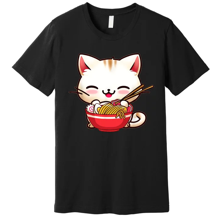 Kawaii Cat Eats Japanese Ramen, Daddy Mommy Boy Girl Funny Premium T-Shirt