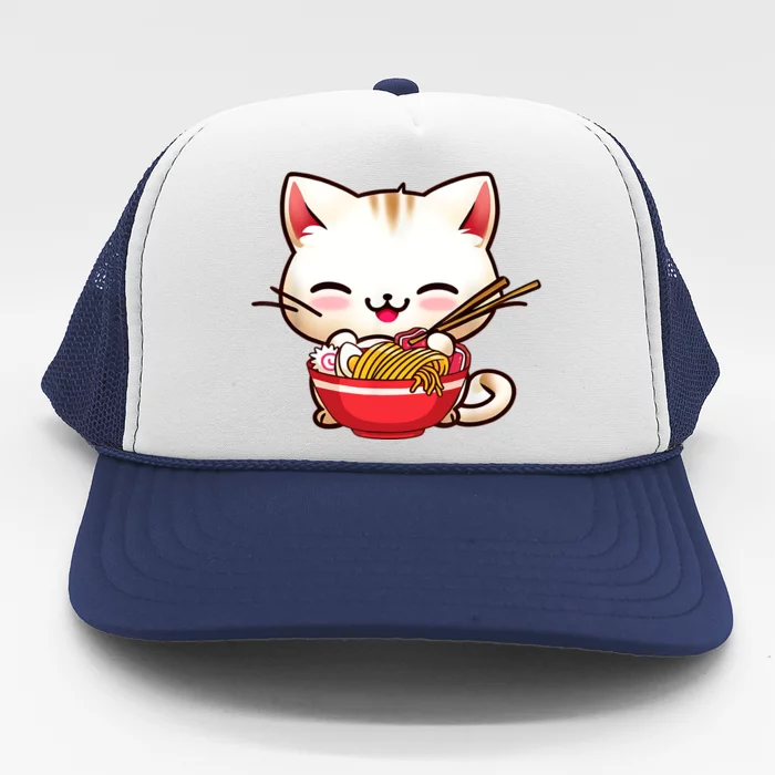 Kawaii Cat Eats Japanese Ramen, Daddy Mommy Boy Girl Funny Trucker Hat