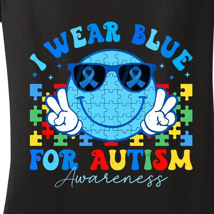 I Wear Blue For Autism Awareness Month Teacher Women's V-Neck T-Shirt