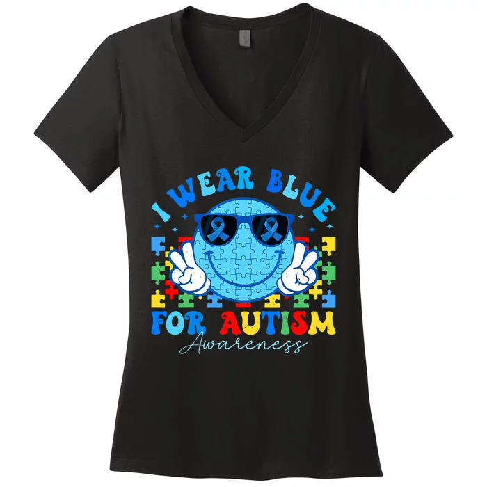 I Wear Blue For Autism Awareness Month Teacher Women's V-Neck T-Shirt