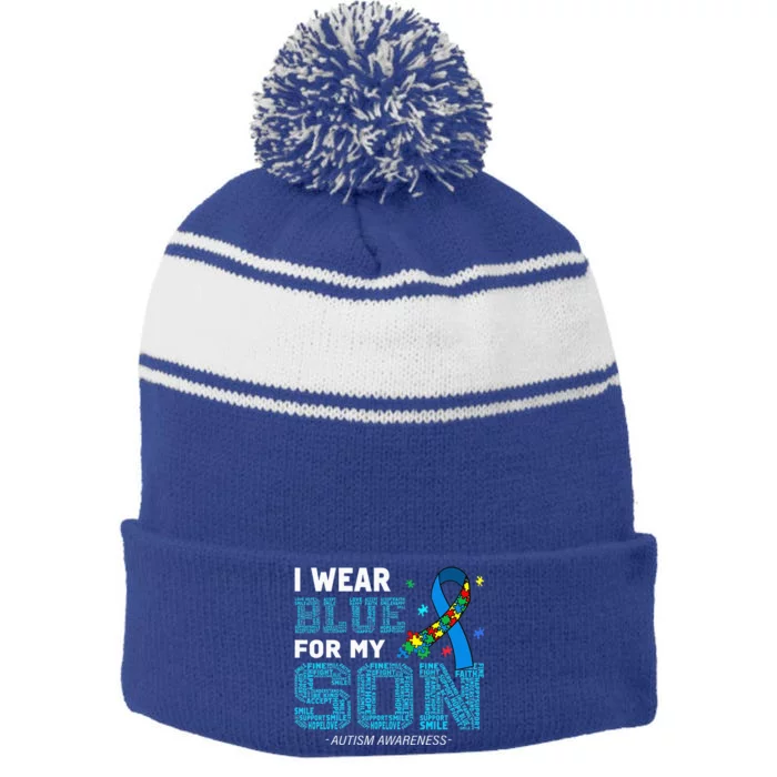 I Wear Blue For My Son Autism Awareness Mom Dad Stripe Pom Pom Beanie