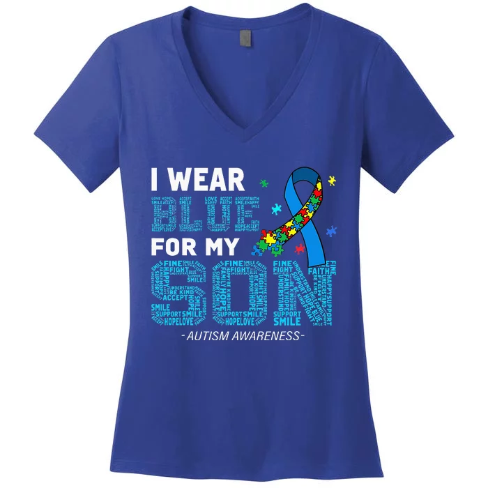 I Wear Blue For My Son Autism Awareness Mom Dad Women's V-Neck T-Shirt