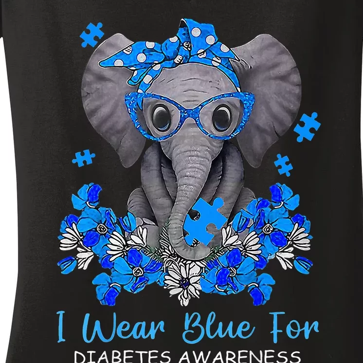 I Wear Blue For Diabetes Awareness Elephant Warrior Women's V-Neck T-Shirt