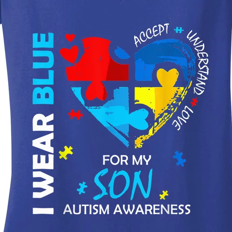 I Wear Blue For My Son Heart Support Autism Awareness Month Women's V-Neck T-Shirt