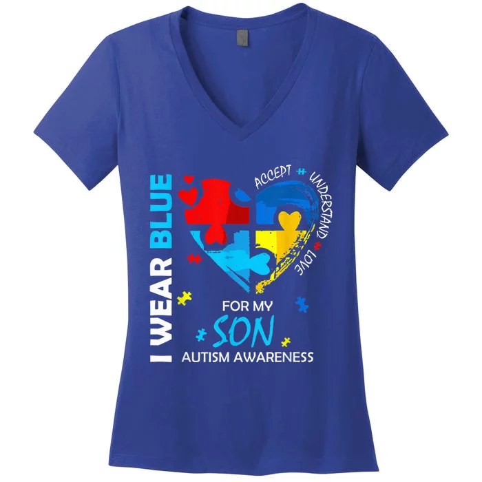 I Wear Blue For My Son Heart Support Autism Awareness Month Women's V-Neck T-Shirt