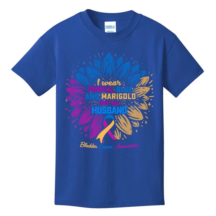 I Wear Blue Purple Marigold For My Husband Gift Bladder Cancer Gift Kids T-Shirt