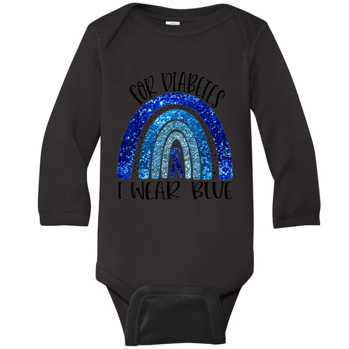 I Wear Blue For Diabetes Awareness Blue Ribbon Rainbow Baby Long Sleeve Bodysuit