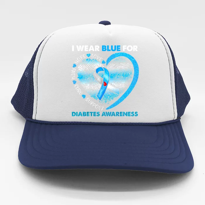 I Wear Blue For Diabetes Awareness Heart Blue Ribbon Gift Trucker Hat