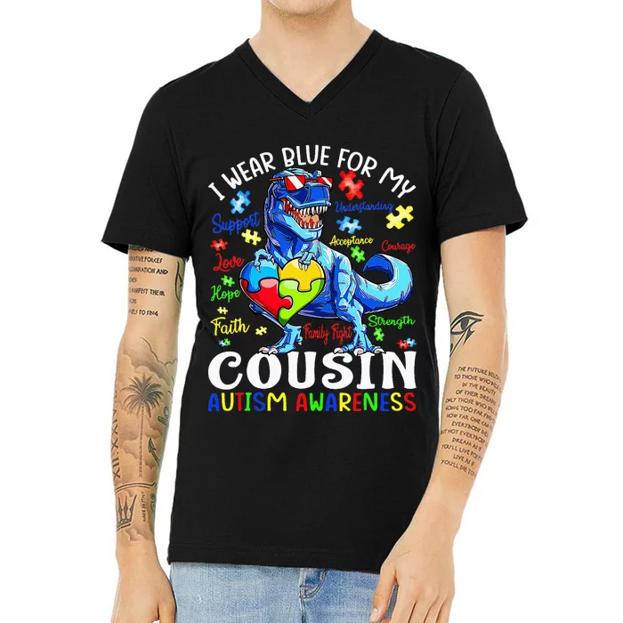 I Wear Blue For My Cousin Autism Awareness Dinosaur V-Neck T-Shirt