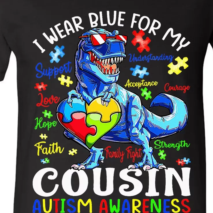 I Wear Blue For My Cousin Autism Awareness Dinosaur V-Neck T-Shirt