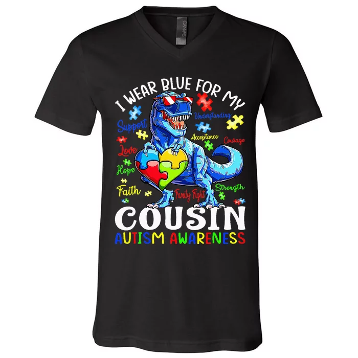 I Wear Blue For My Cousin Autism Awareness Dinosaur V-Neck T-Shirt