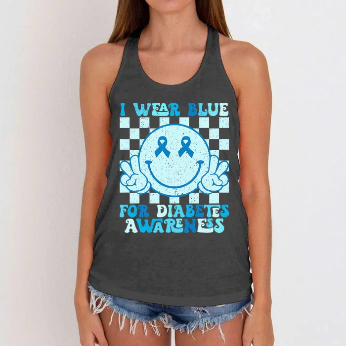 I Wear Blue For Diabetes Awareness month Smile Face Diabetic Women's Knotted Racerback Tank