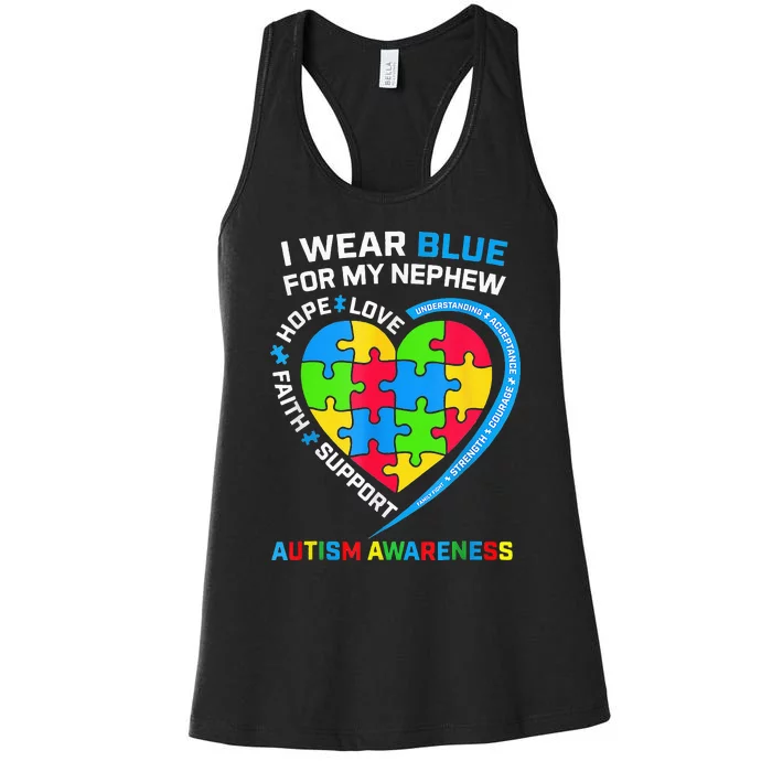 I Wear Blue For My Nephew Autism Awareness Month Uncle Aunt Women's Racerback Tank