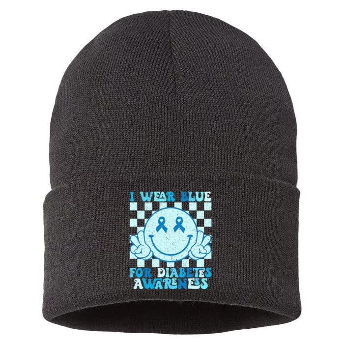 I Wear Blue For Diabetes Awareness Month Smile Face Diabetic Sustainable Knit Beanie