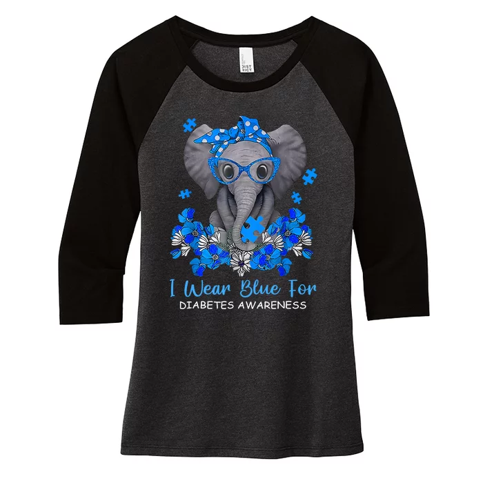 I Wear Blue For Diabetes Awareness Elephant Warrior Women's Tri-Blend 3/4-Sleeve Raglan Shirt