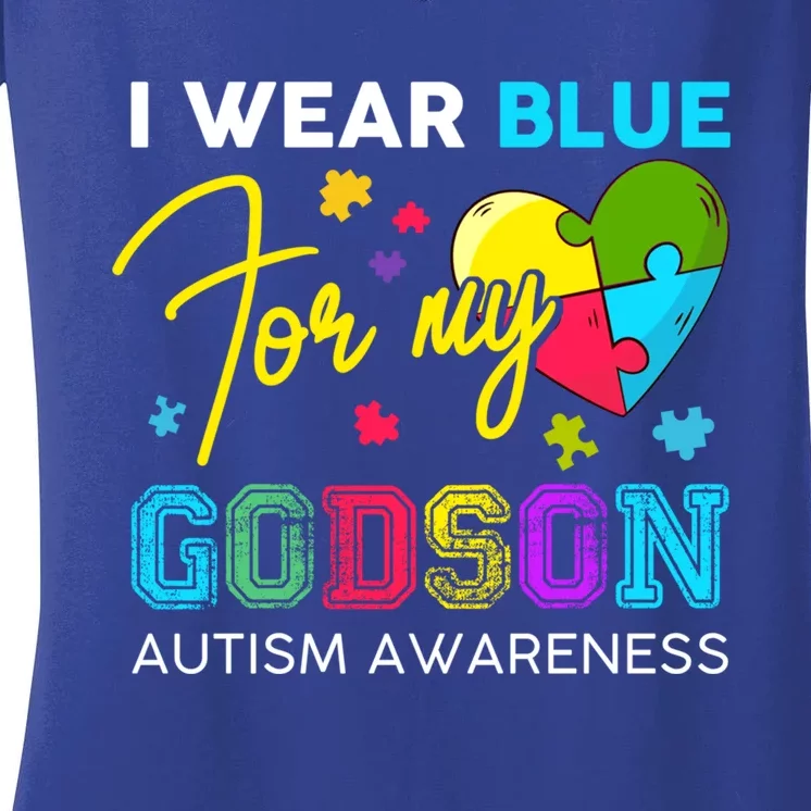 I Wear Blue For My Godson Autism Awareness Godmom Goddad Gift Women's V-Neck T-Shirt