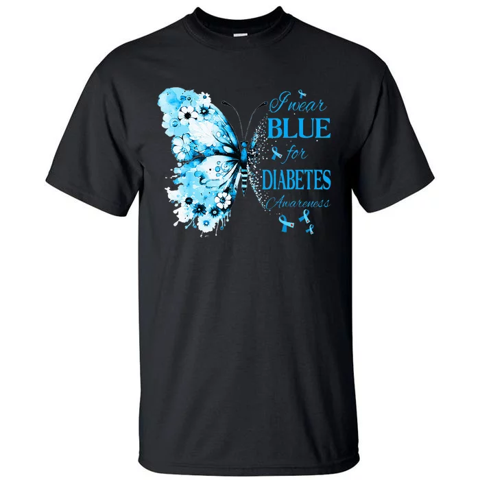 I Wear Blue For Diabetes Awareness T1D Support Butterfly Tall T-Shirt