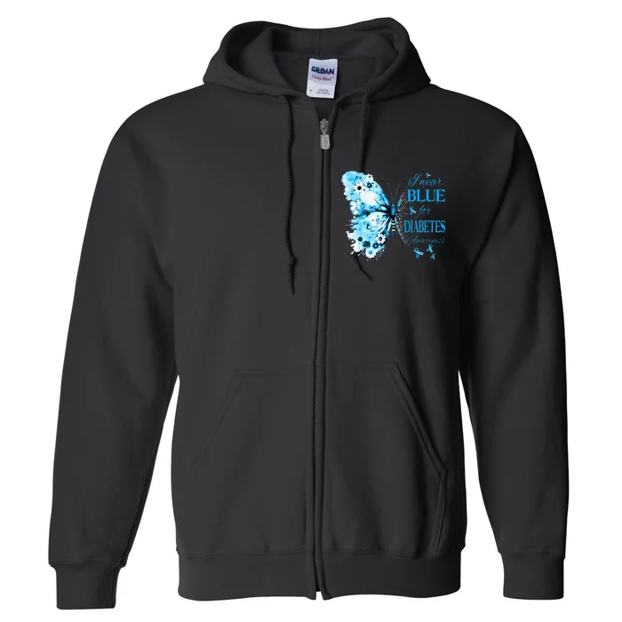 I Wear Blue For Diabetes Awareness T1D Support Butterfly Full Zip Hoodie