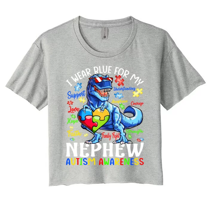 I Wear Blue For My Nephew Autism Awareness Dinosaur Gift Women's Crop Top Tee