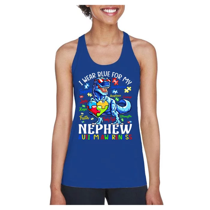 I Wear Blue For My Nephew Autism Awareness Dinosaur Gift Women's Racerback Tank