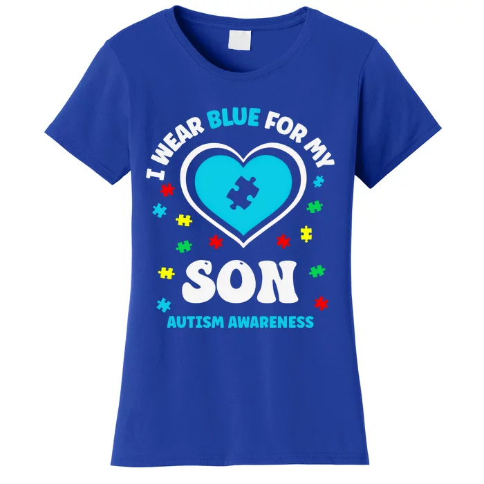 I Wear Blue For My Son Adhd April Autism Awareness Day 2024 Cool Gift Women's T-Shirt