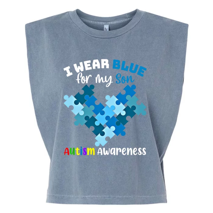 I Wear Blue For My Son Autism Awareness Family Matching Gift Garment-Dyed Women's Muscle Tee