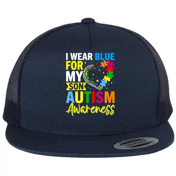 I Wear Blue For My Son Autism Awareness Graphic Gift Flat Bill Trucker Hat