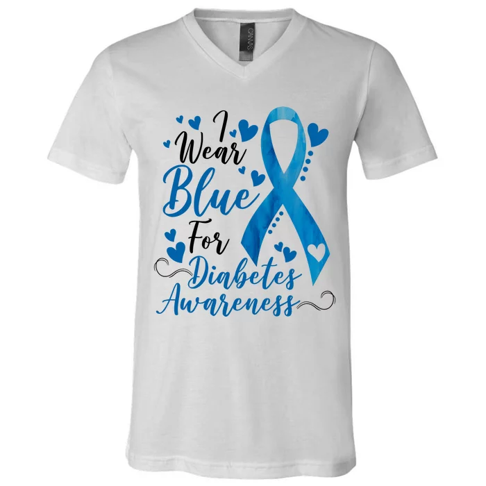 I Wear Blue For Diabetes Ribbon Awareness V-Neck T-Shirt