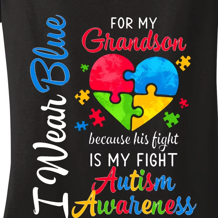 I Wear Blue For My Grandson Autism Awareness Women's V-Neck T-Shirt