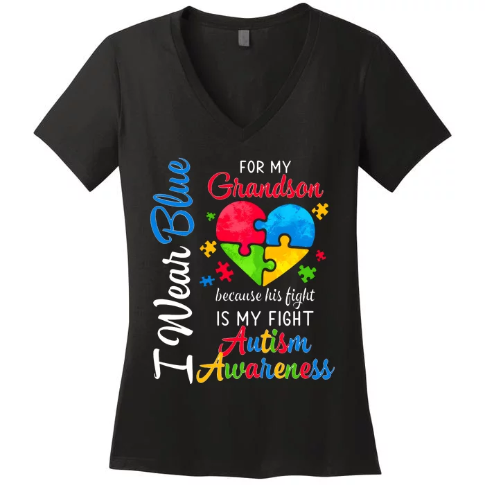 I Wear Blue For My Grandson Autism Awareness Women's V-Neck T-Shirt